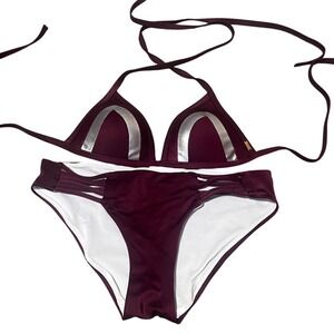 Victoria's Secret PINK Burgundy Silver Trim Bikini Set Triangle Top Bottom S